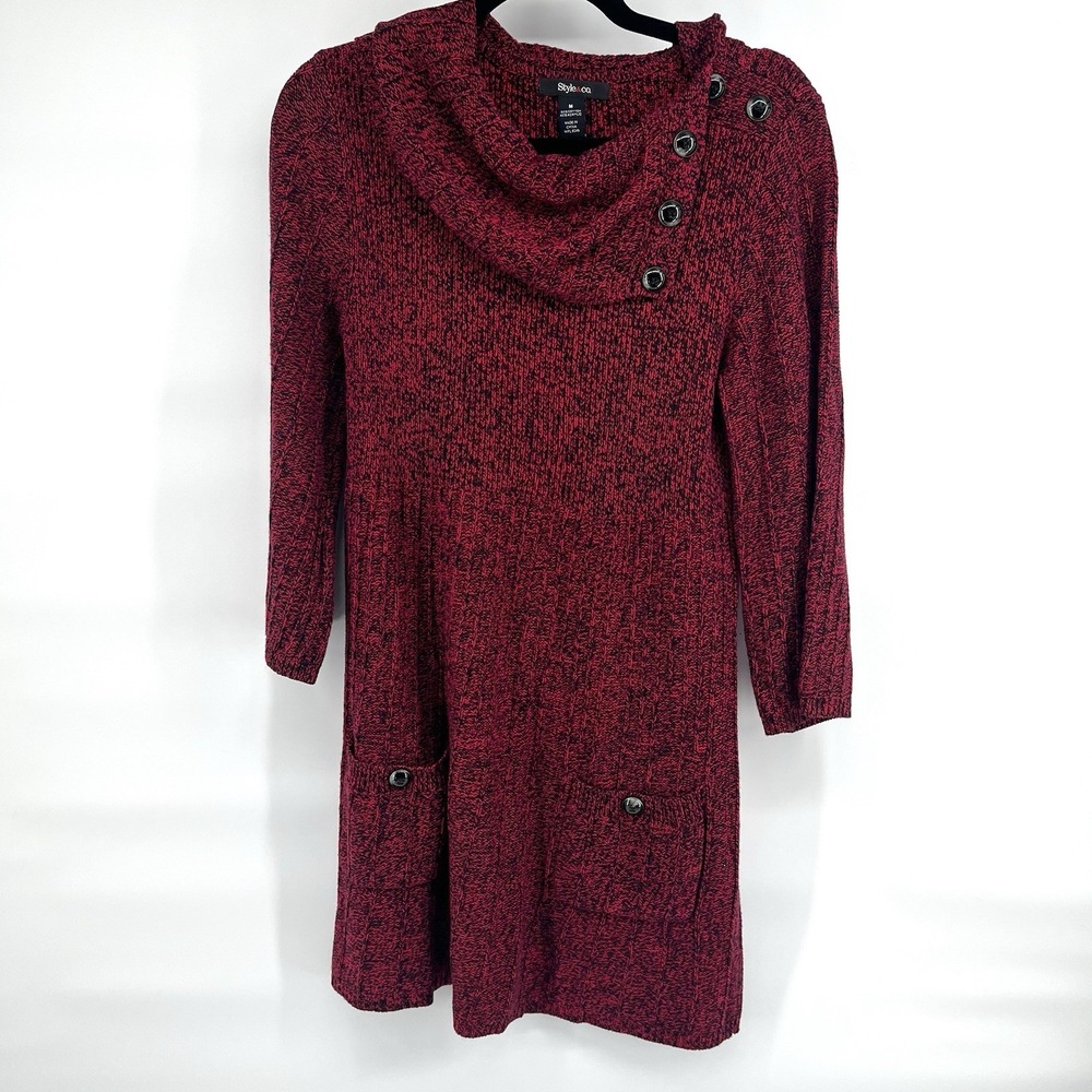 Style & Co. Women's Sweater Dress Size Medium Red Cowl Neck Button Pockets